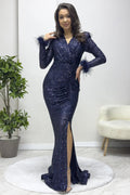 Navy Blue Sequined Feathered Maxi Evening Dress