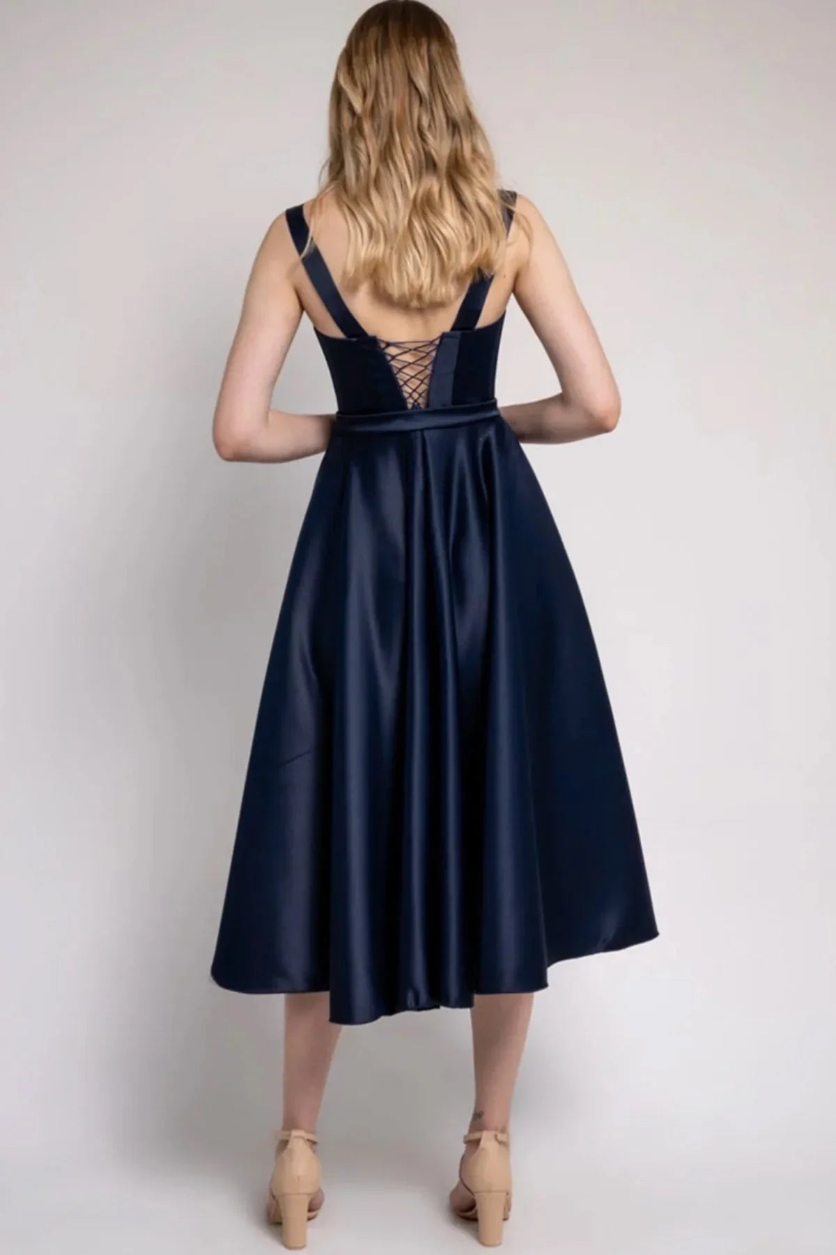 Women's Navy Blue Midi Arkadan Tie Gloplu Evening Gown,Balo,Mezuniyet Dresssi