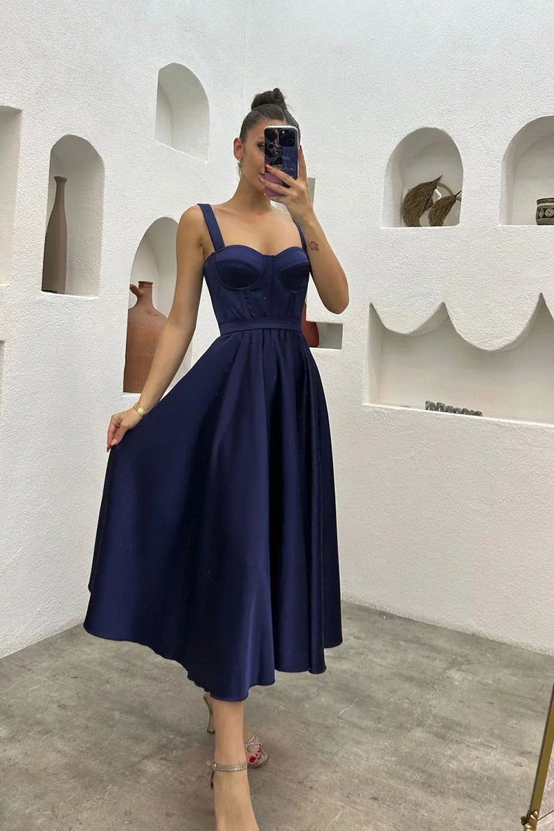 Women's Navy Blue Midi Arkadan Tie Gloplu Evening Gown,Balo,Mezuniyet Dresssi