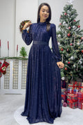 Navy Blue Sequined Maxi Evening Dress
