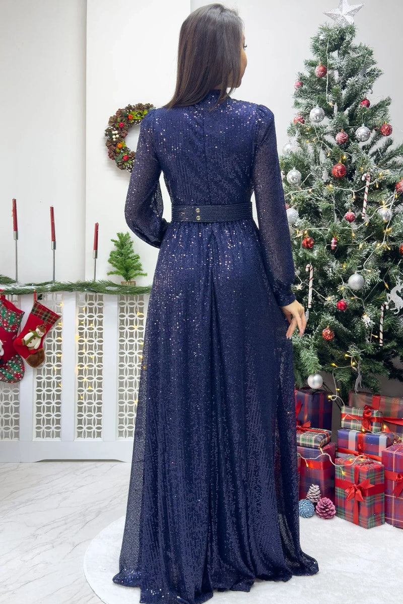 Women's Navy Blue Sequin Büzgü Detail Maxi Evening Gown - the ZKS
