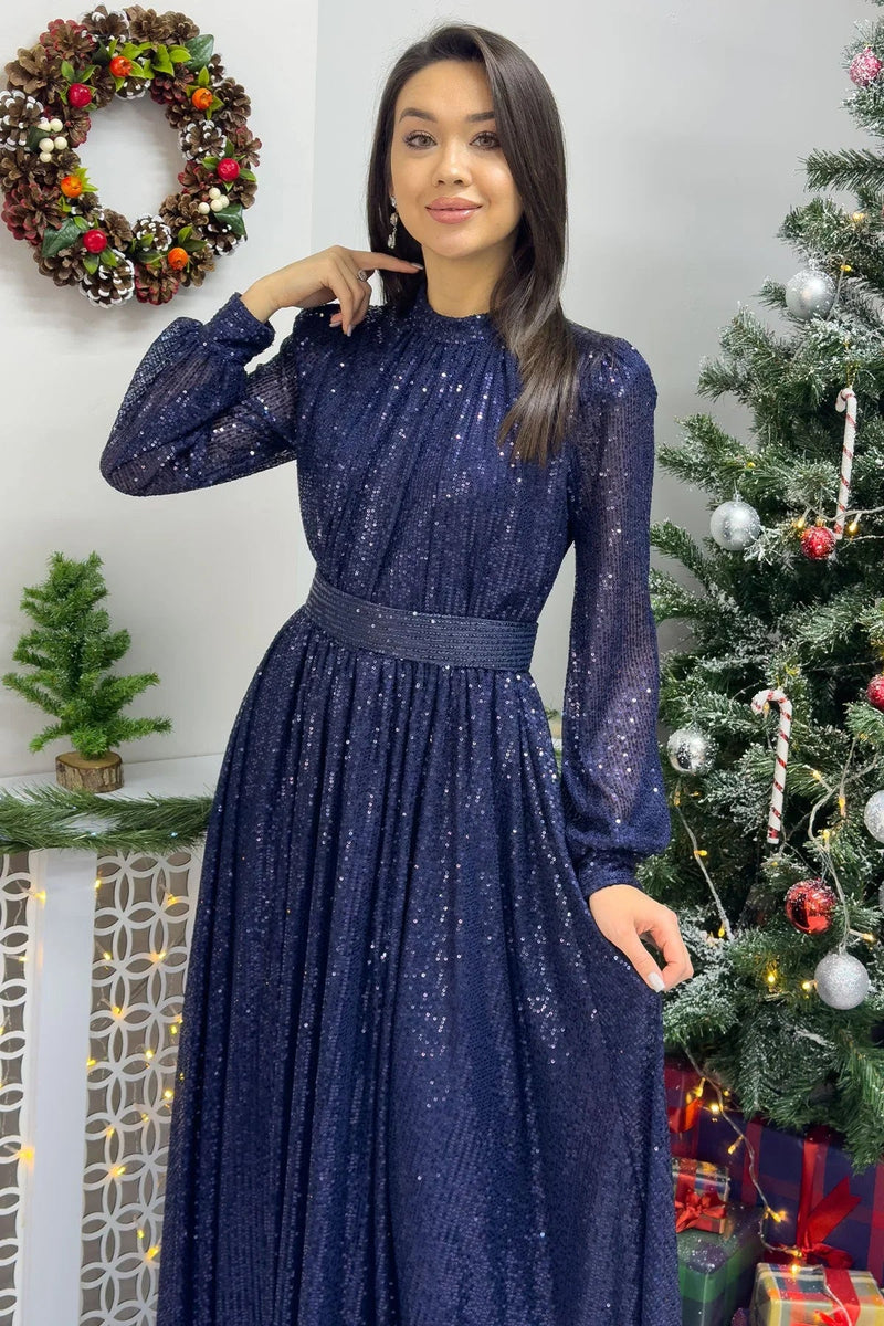 Women's Navy Blue Sequin Büzgü Detail Maxi Evening Gown - the ZKS