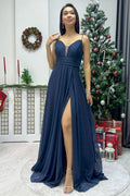 Navy Blue Glitter Slit Tulle Evening Dress