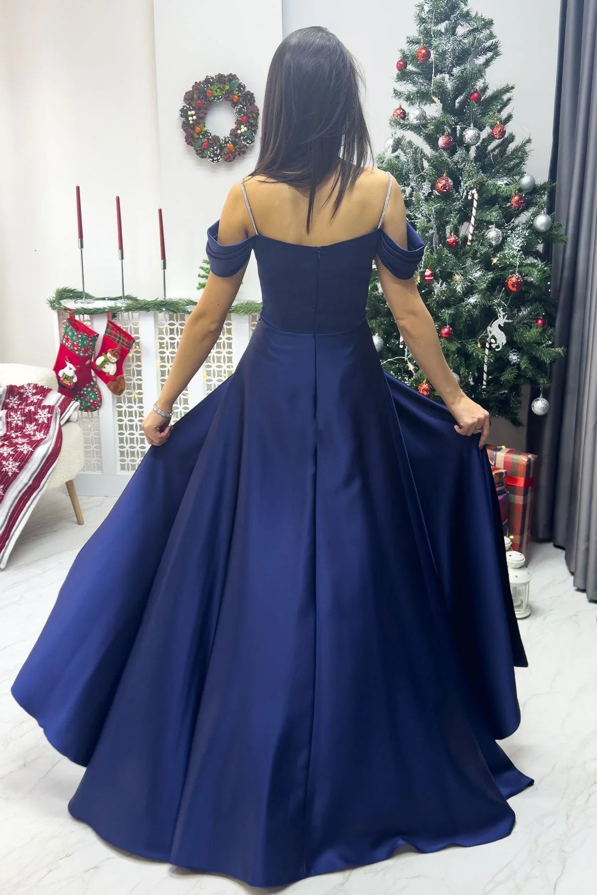 Women's Navy Blue Taş Strap Off-Shoulder Satin Slit Evening Gown - the ZKS