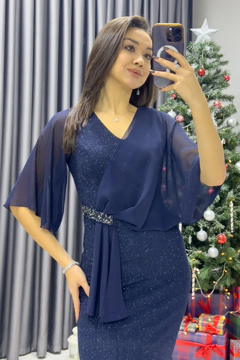 Women's Navy Blue Crystal Embellished Volan Sleeve Glitter Evening Gown - the ZKS