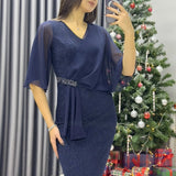 Navy Blue Crystal Embellished Volan Sleeve Glitter Evening Dress