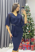 Navy Blue Crystal Embellished Volan Sleeve Glitter Evening Dress