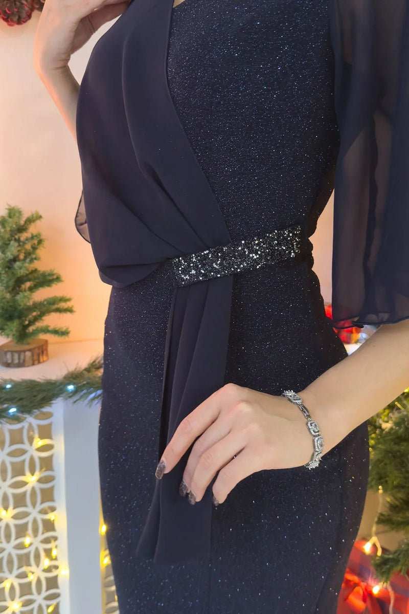 Women's Navy Blue Crystal Embellished Volan Sleeve Glitter Evening Gown - the ZKS