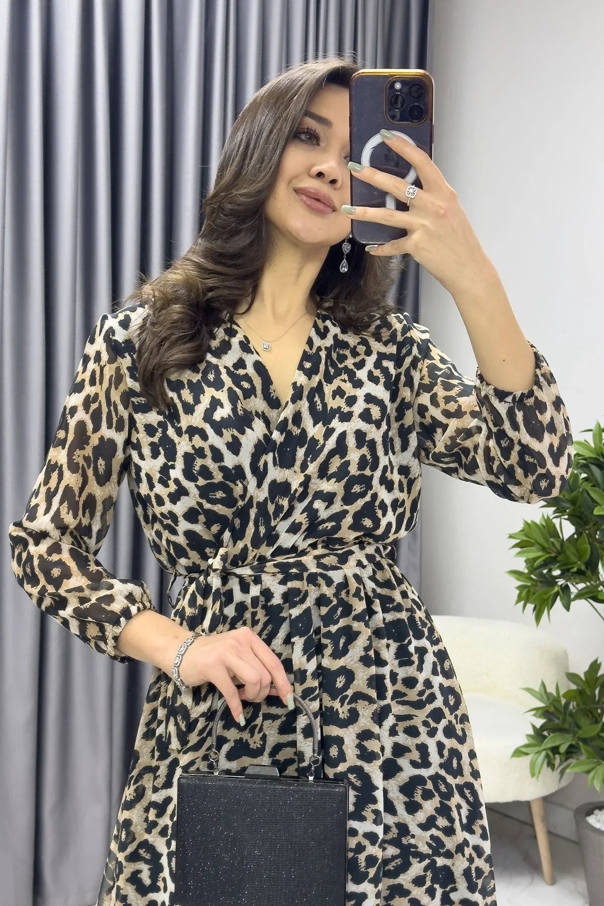 Women's Leopar Balloon Sleeve Wrap Midi Chiffon Dress - the ZKS