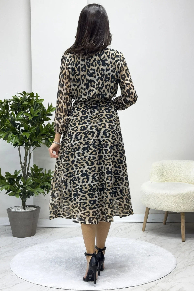 Women's Leopar Balloon Sleeve Wrap Midi Chiffon Dress - the ZKS