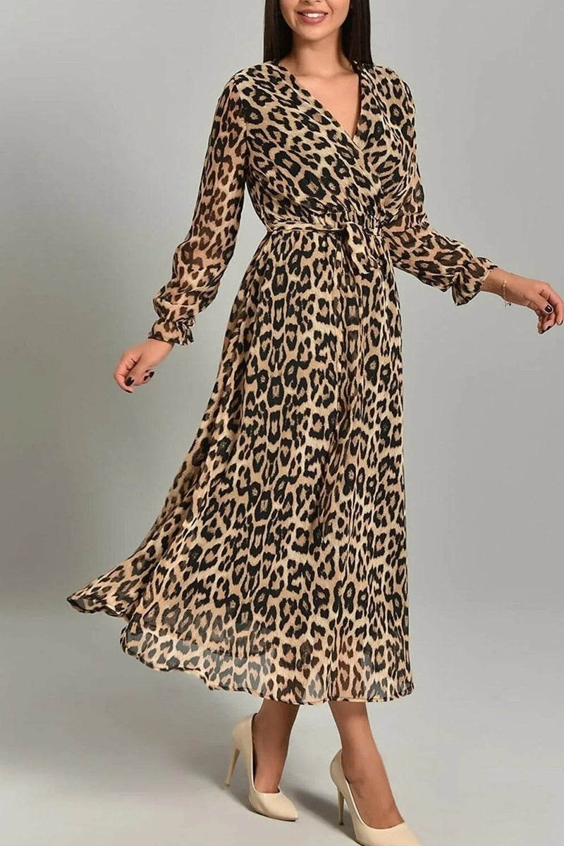 Women's Leopard Printli Wrap Neck Chiffon Plus Size Dress
