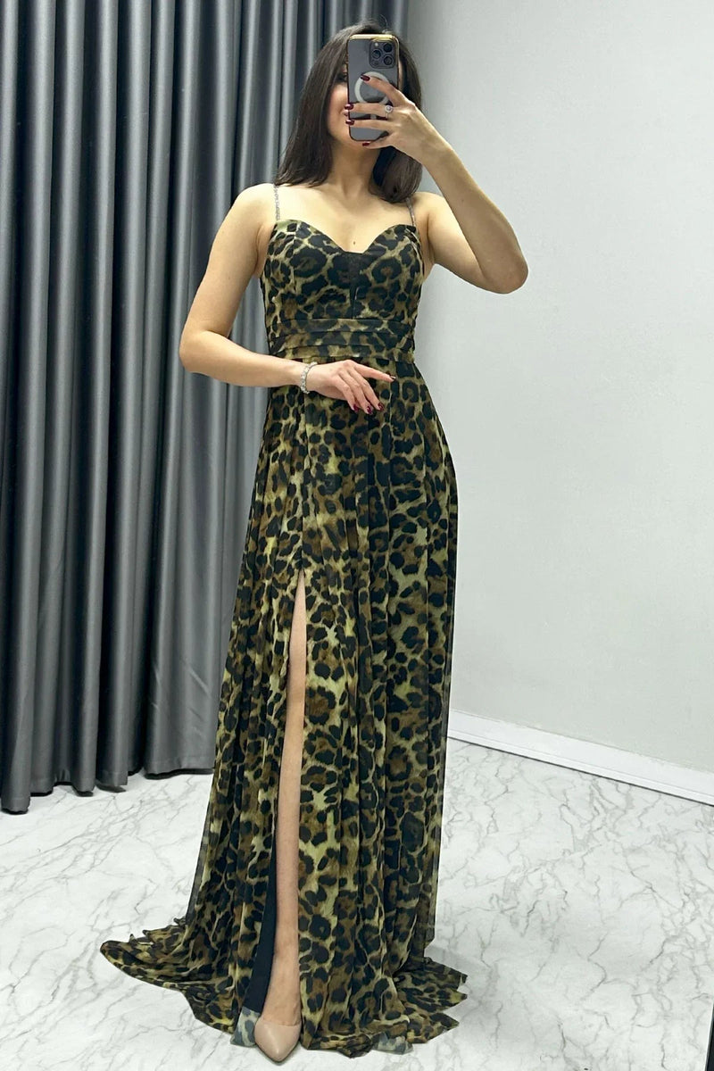 Women's Leopar Taş Strap Ayarlanabilir Slit Plus Size Evening Gown