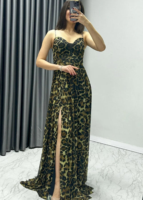 Leopar Stone Strap Maxi Evening Dress