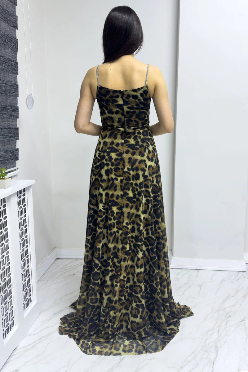 Women's Leopar Taş Strap Ayarlanabilir Slit Plus Size Evening Gown