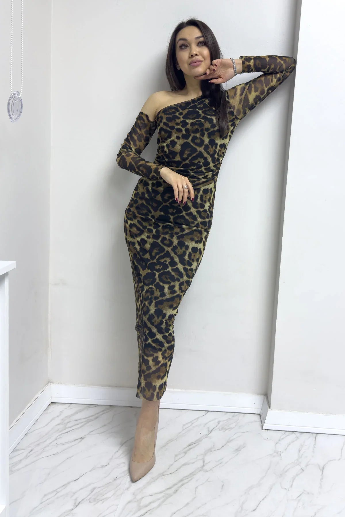 Women's Tek Omuz Leopard Printli Stretch Tulle Dress
