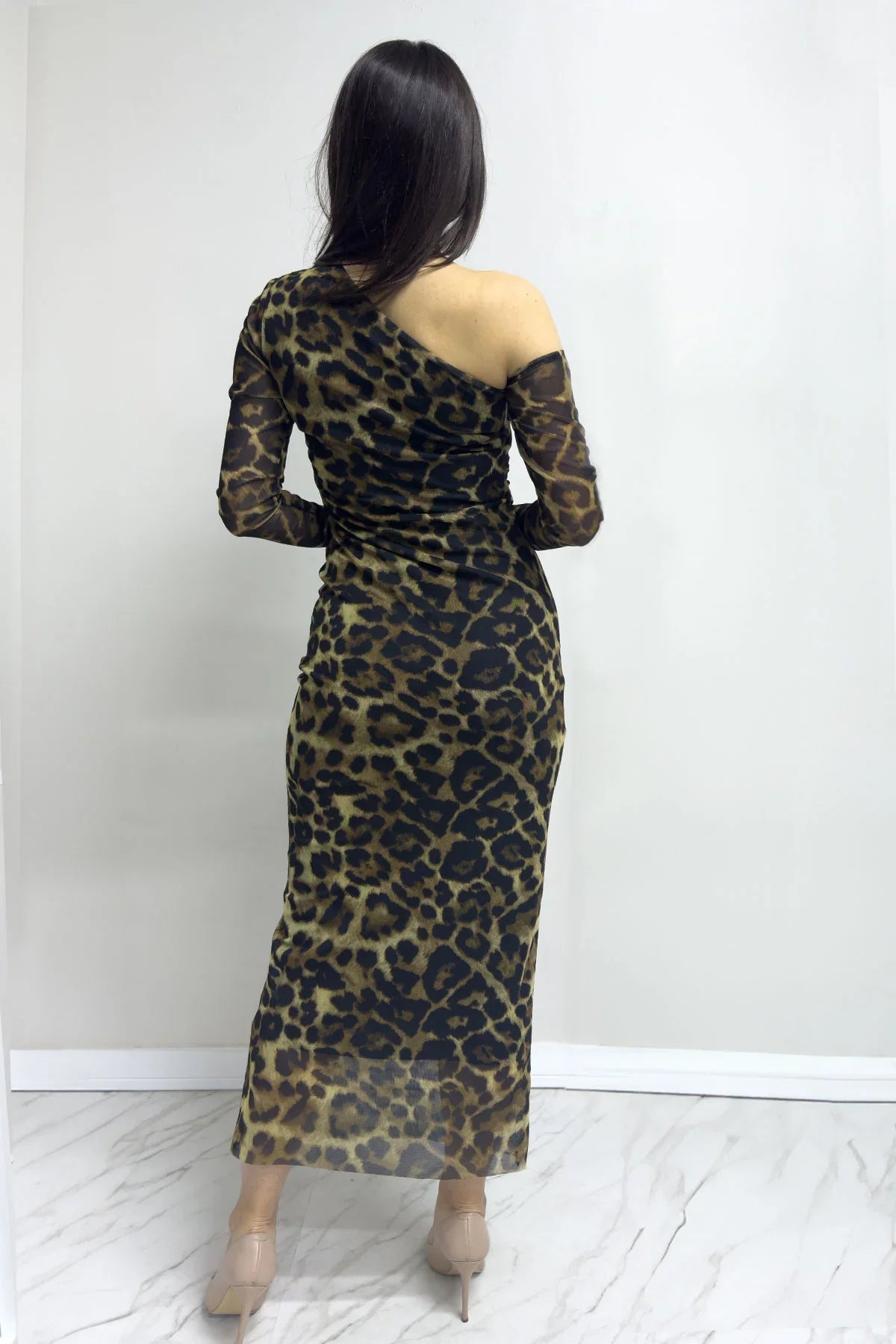 Women's Tek Omuz Leopard Printli Stretch Tulle Dress
