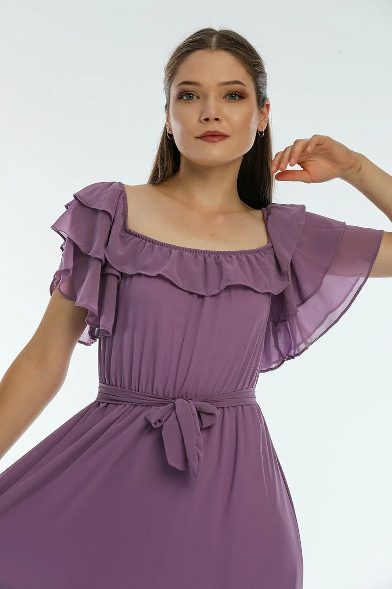 Women's Lilac Ruffled Madonna Collar Plus Size Chiffon Dress