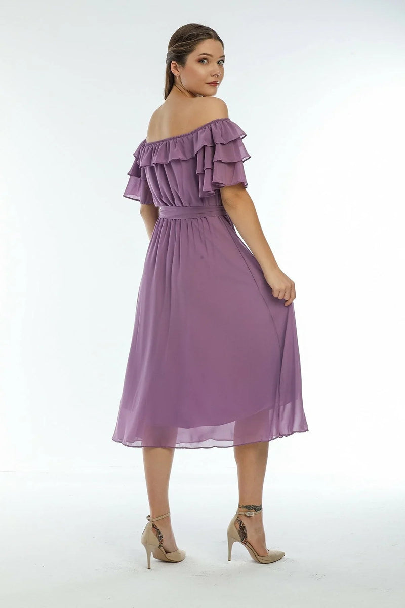 Women's Lilac Ruffled Madonna Collar Plus Size Chiffon Dress