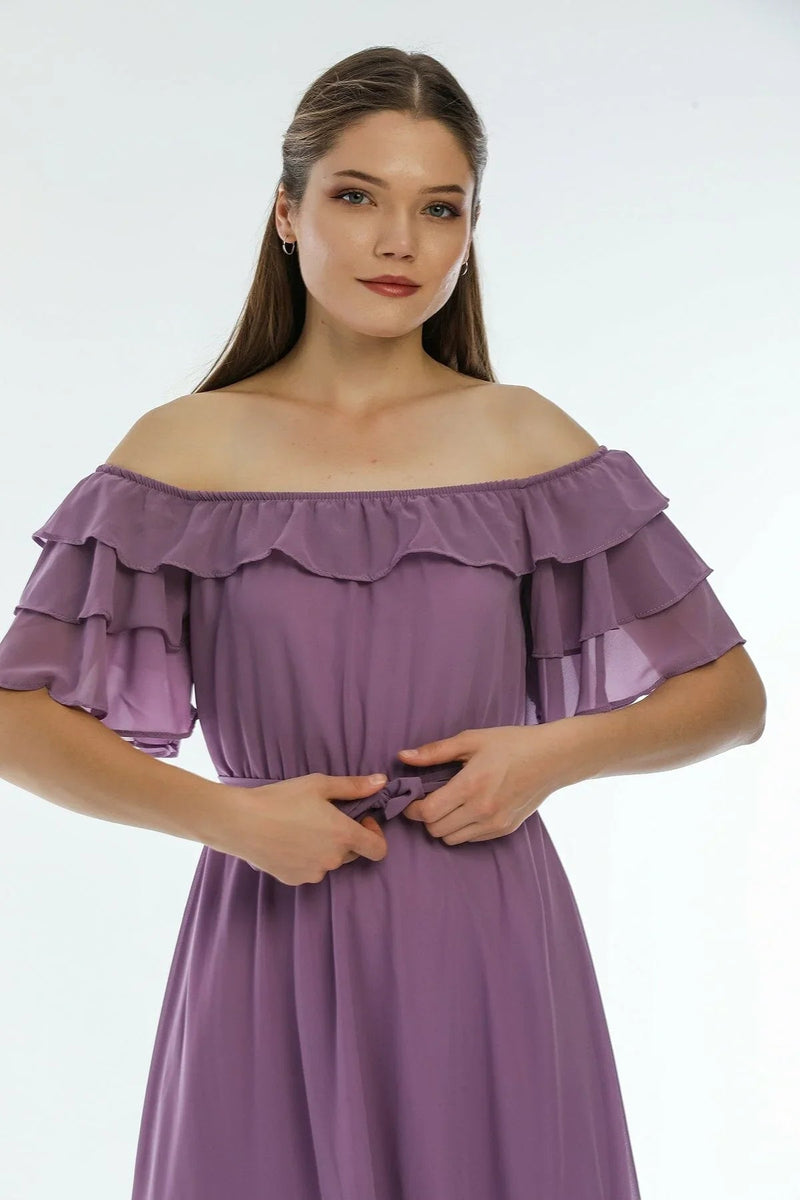 Women's Lilac Ruffled Madonna Collar Plus Size Chiffon Dress