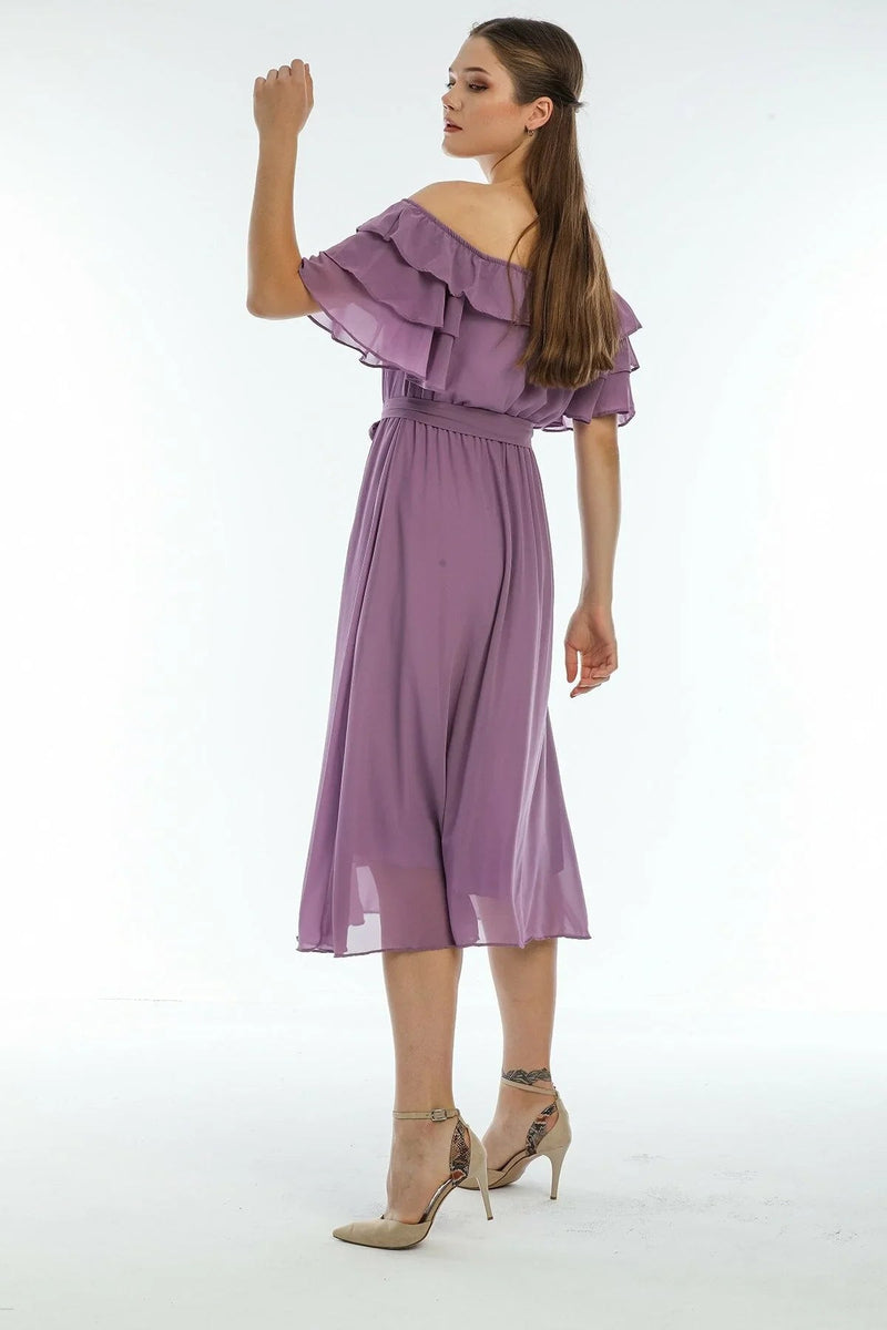 Women's Lilac Ruffled Madonna Collar Plus Size Chiffon Dress