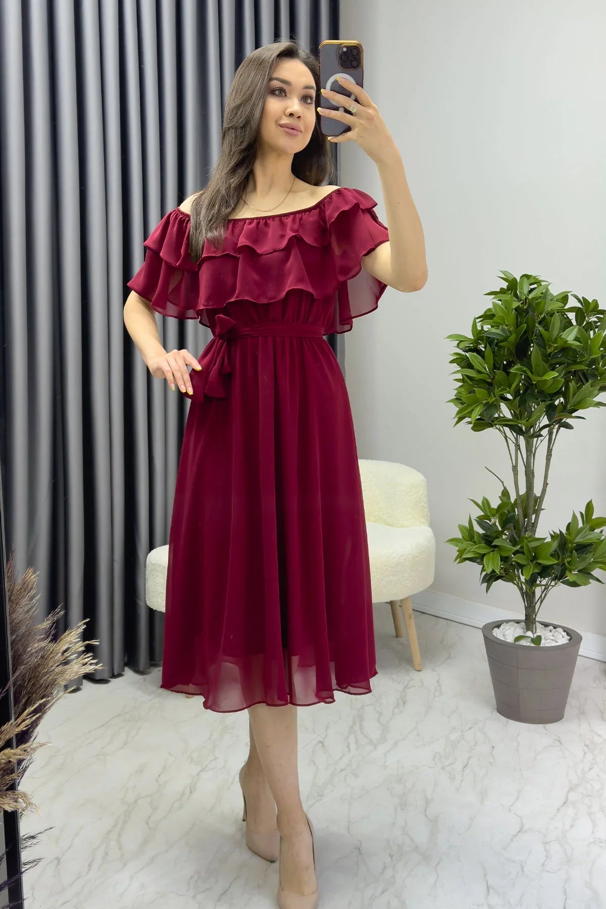 Women's Burgundy Madonna Carmen Ruffle Neck Plus Size Chiffon Dress