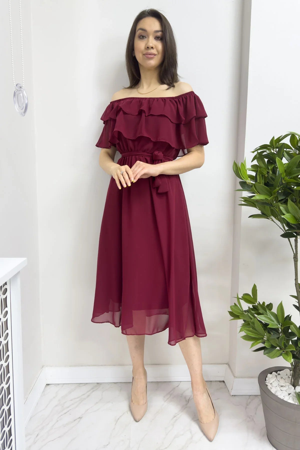 Women's Burgundy Madonna Carmen Ruffle Neck Plus Size Chiffon Dress