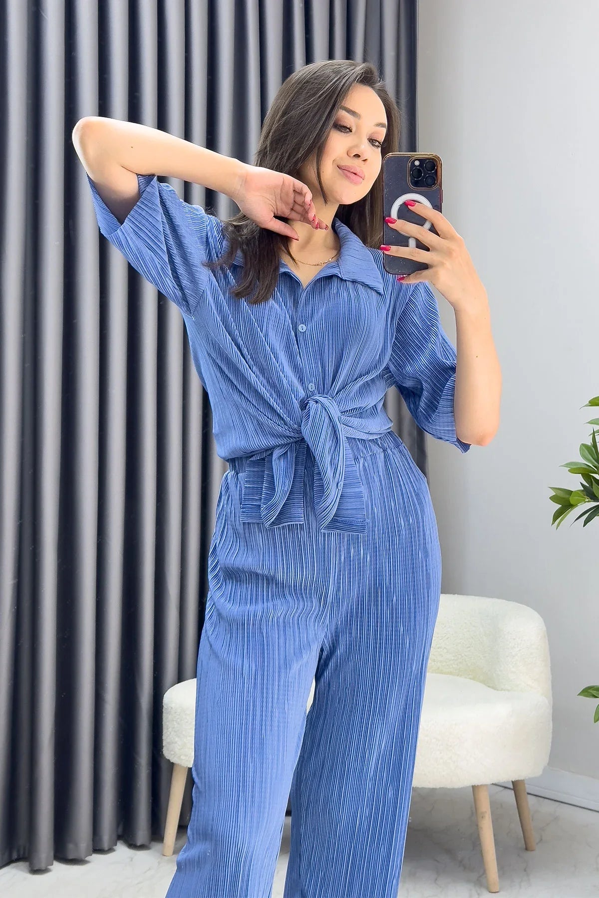Women's Blue Krinkıl Short Sleeve Shirt Pants Two-Piece Set