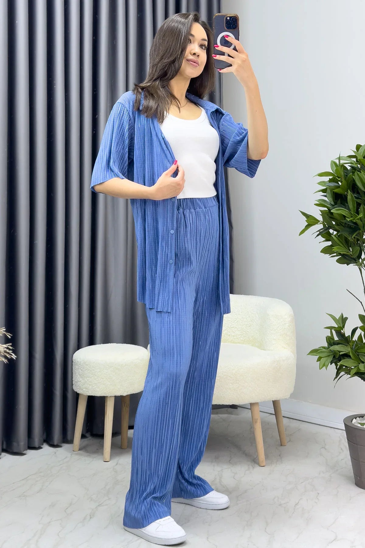 Women's Blue Krinkıl Short Sleeve Shirt Pants Two-Piece Set