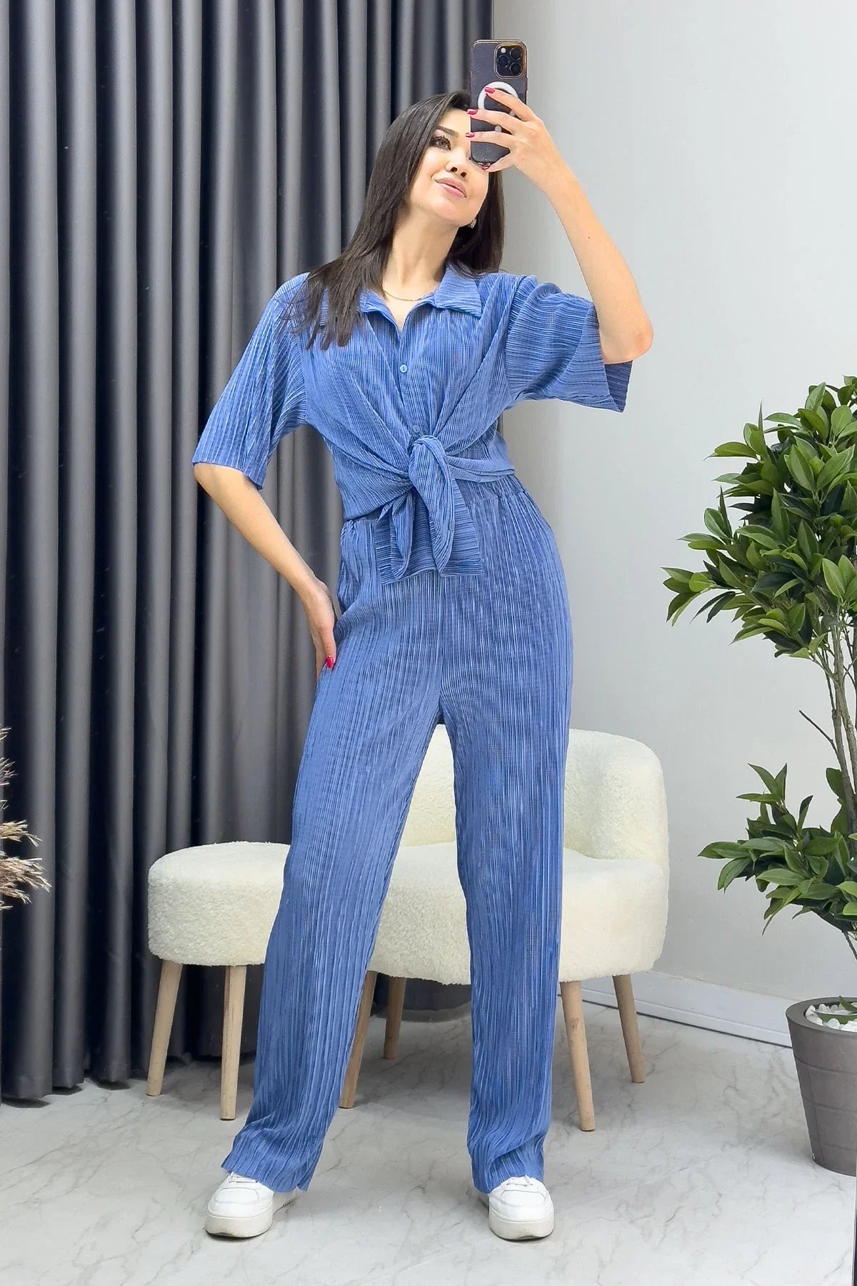 Women's Blue Krinkıl Short Sleeve Shirt Pants Two-Piece Set