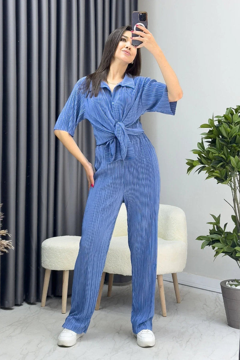 Women's Blue Krinkıl Short Sleeve Shirt Pants Two-Piece Set