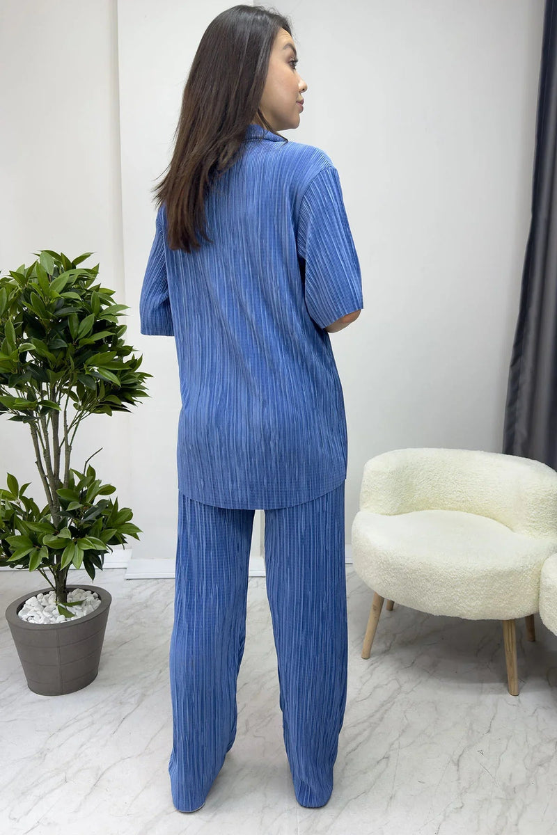 Women's Blue Krinkıl Short Sleeve Shirt Pants Two-Piece Set