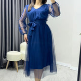 Blue V-Neck Tulle Flared Plus Size Dress