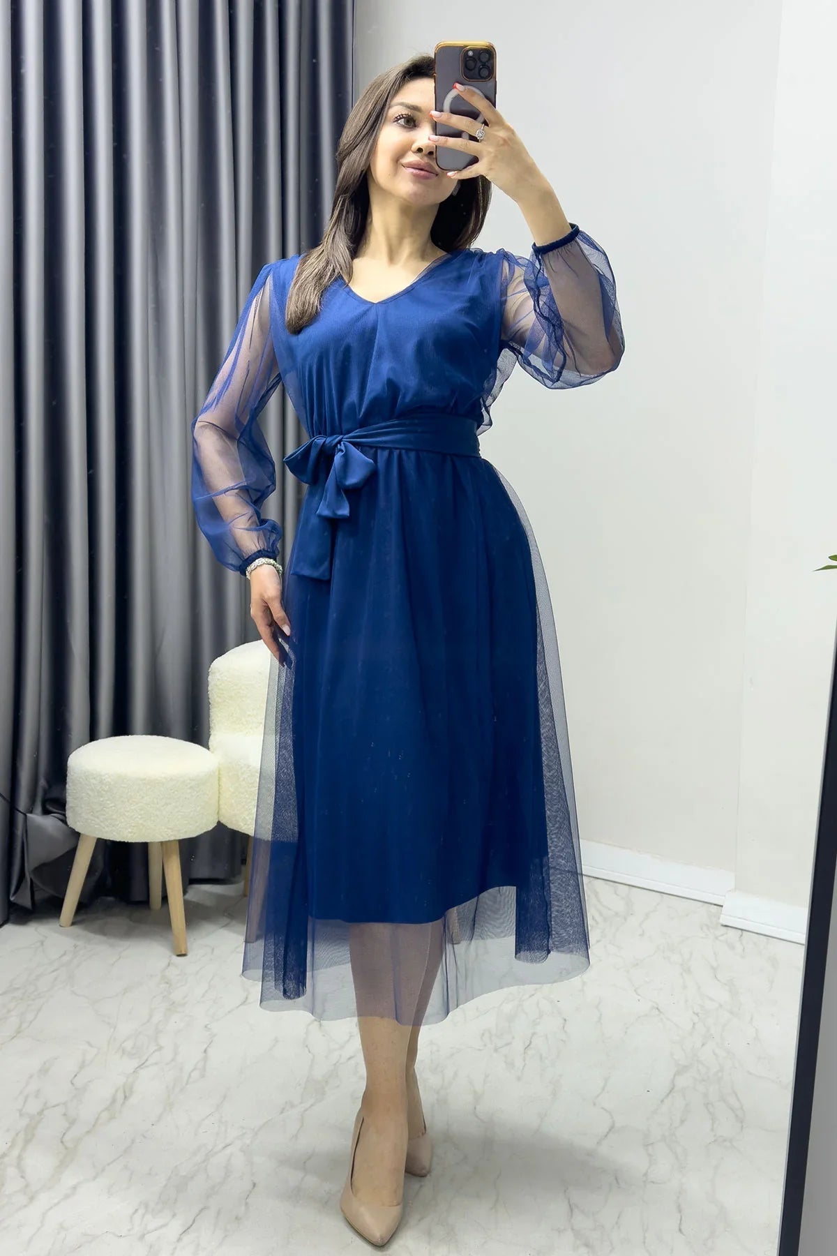 Women's Blue V-Neck Tulle Flared Plus Size Dress