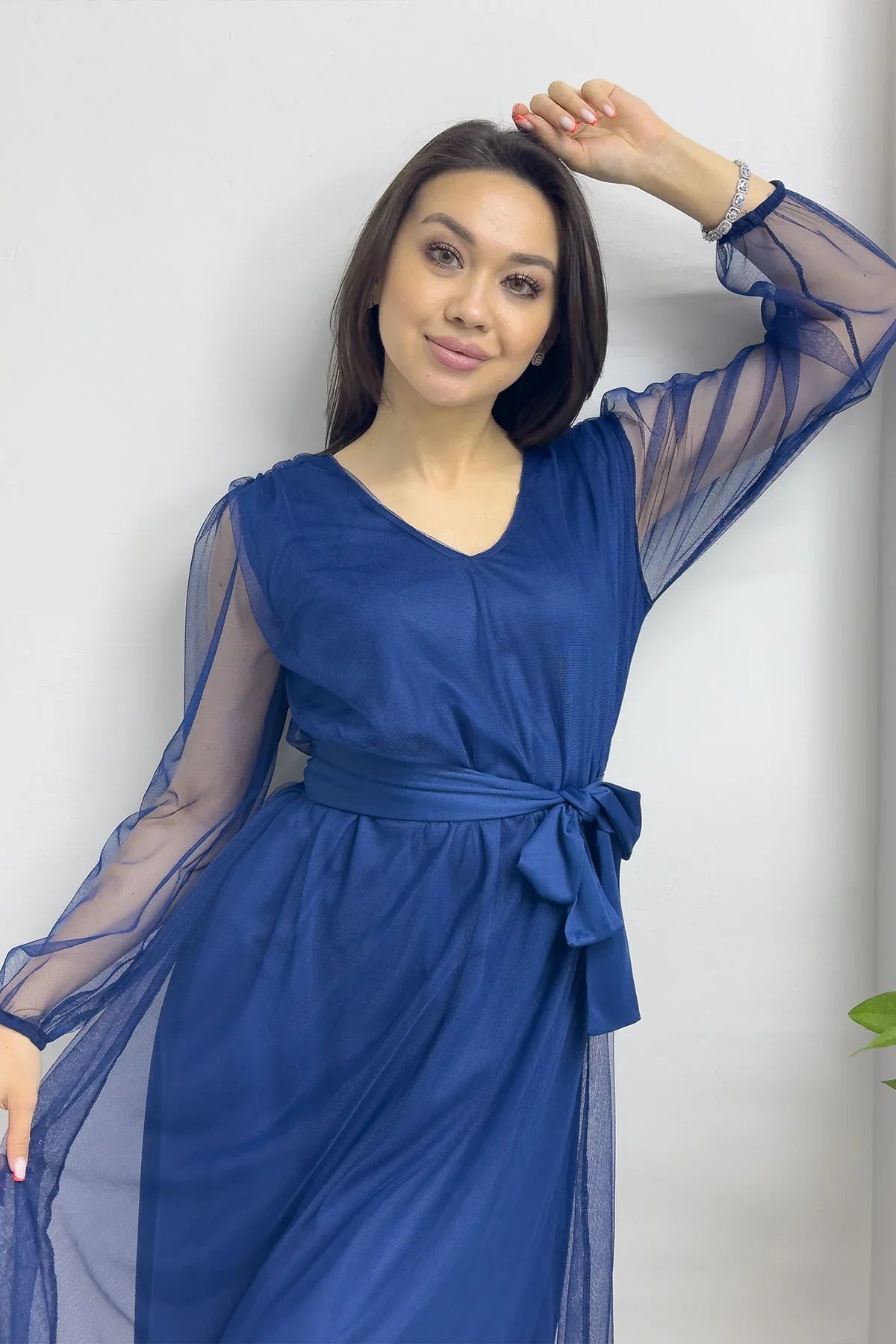 Women's Blue V-Neck Tulle Flared Plus Size Dress