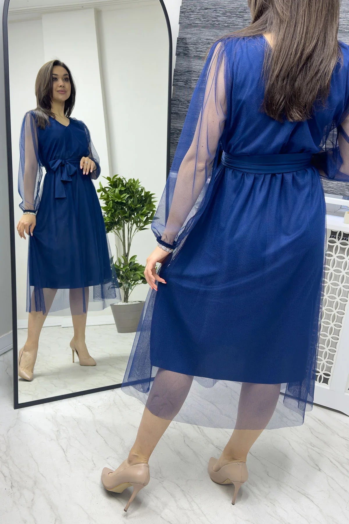 Women's Blue V-Neck Tulle Flared Plus Size Dress