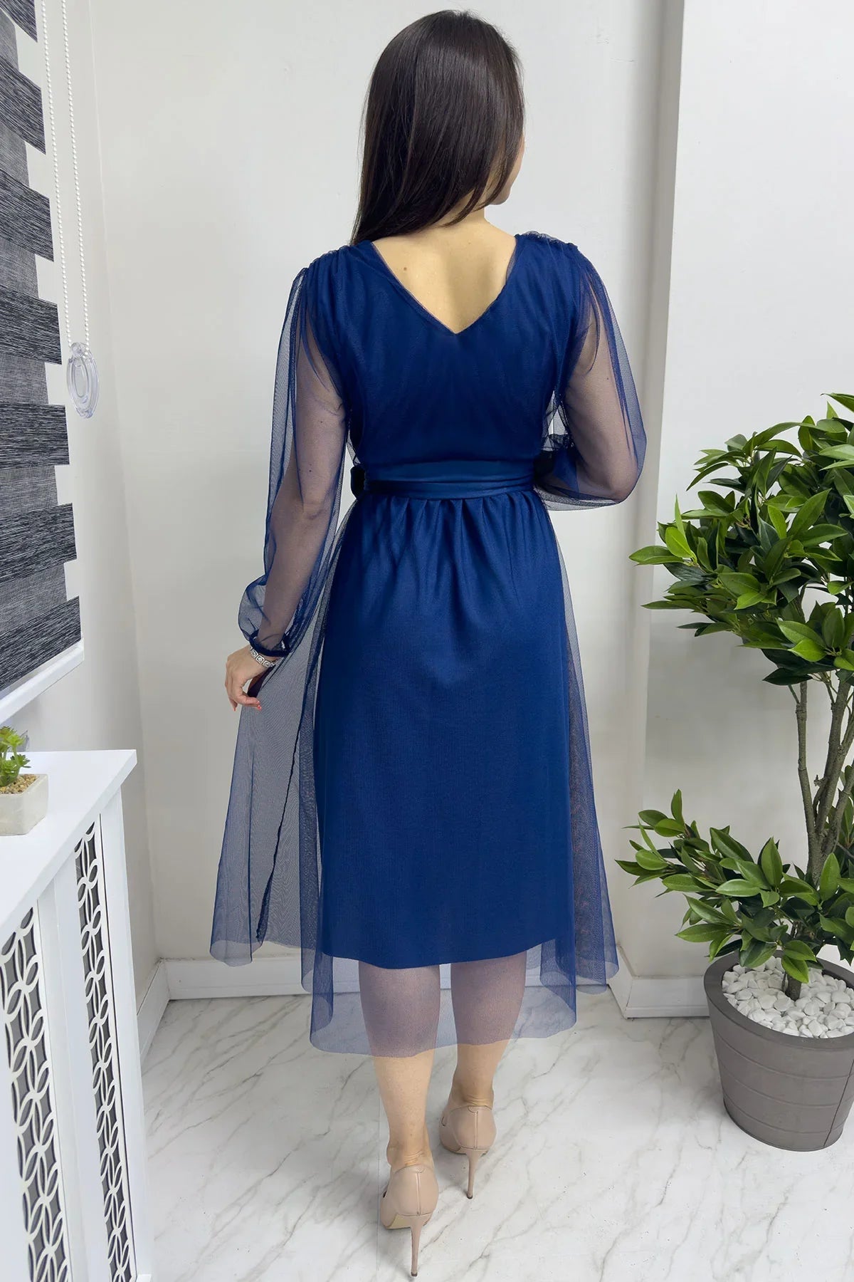 Women's Blue V-Neck Tulle Flared Plus Size Dress