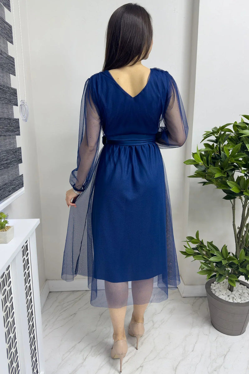 Women's Blue V-Neck Tulle Flared Plus Size Dress