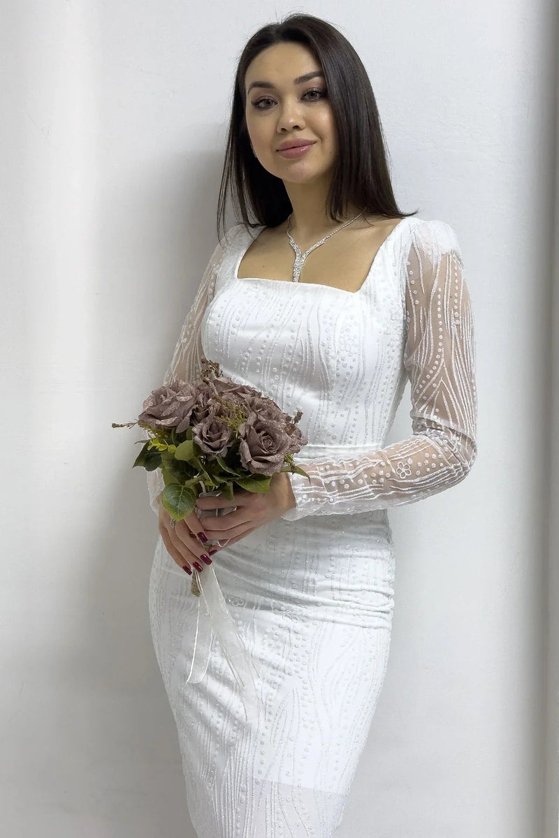 Women's White Square Neck Glitter Long Sleeve Midi Evening Gown