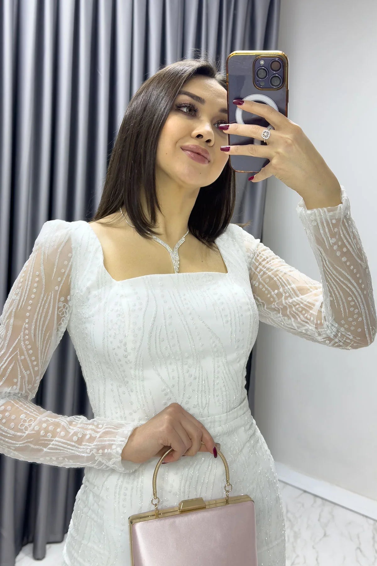 Women's White Square Neck Glitter Long Sleeve Midi Evening Gown