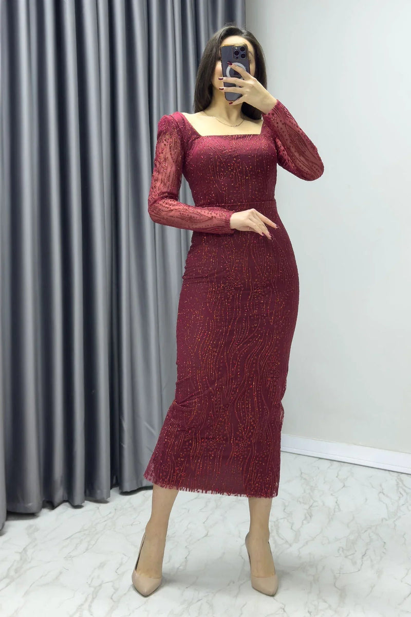 Women's Burgundy Square Neck Gold Glitter Long Sleeve Midi Evening Gown