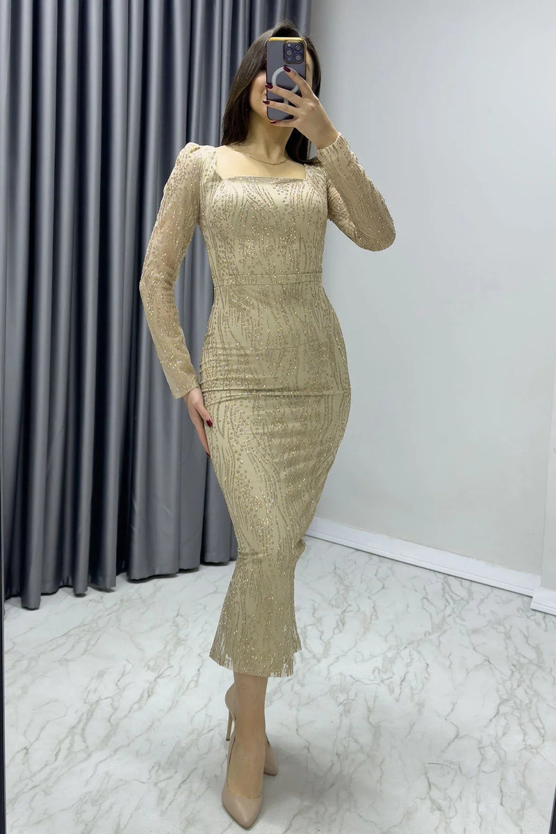 Women's Gold Square Neck Glitter Long Sleeve Midi Evening Gown