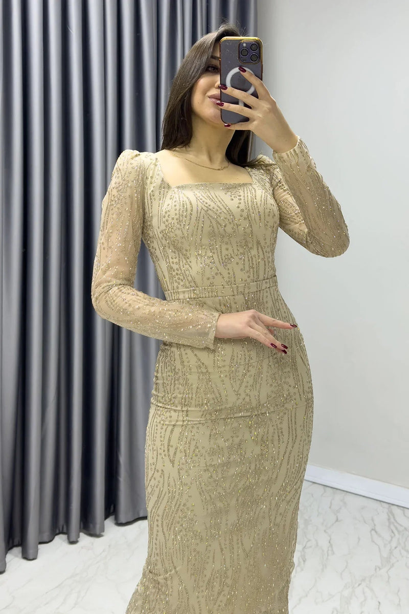 Women's Gold Square Neck Glitter Long Sleeve Midi Evening Gown