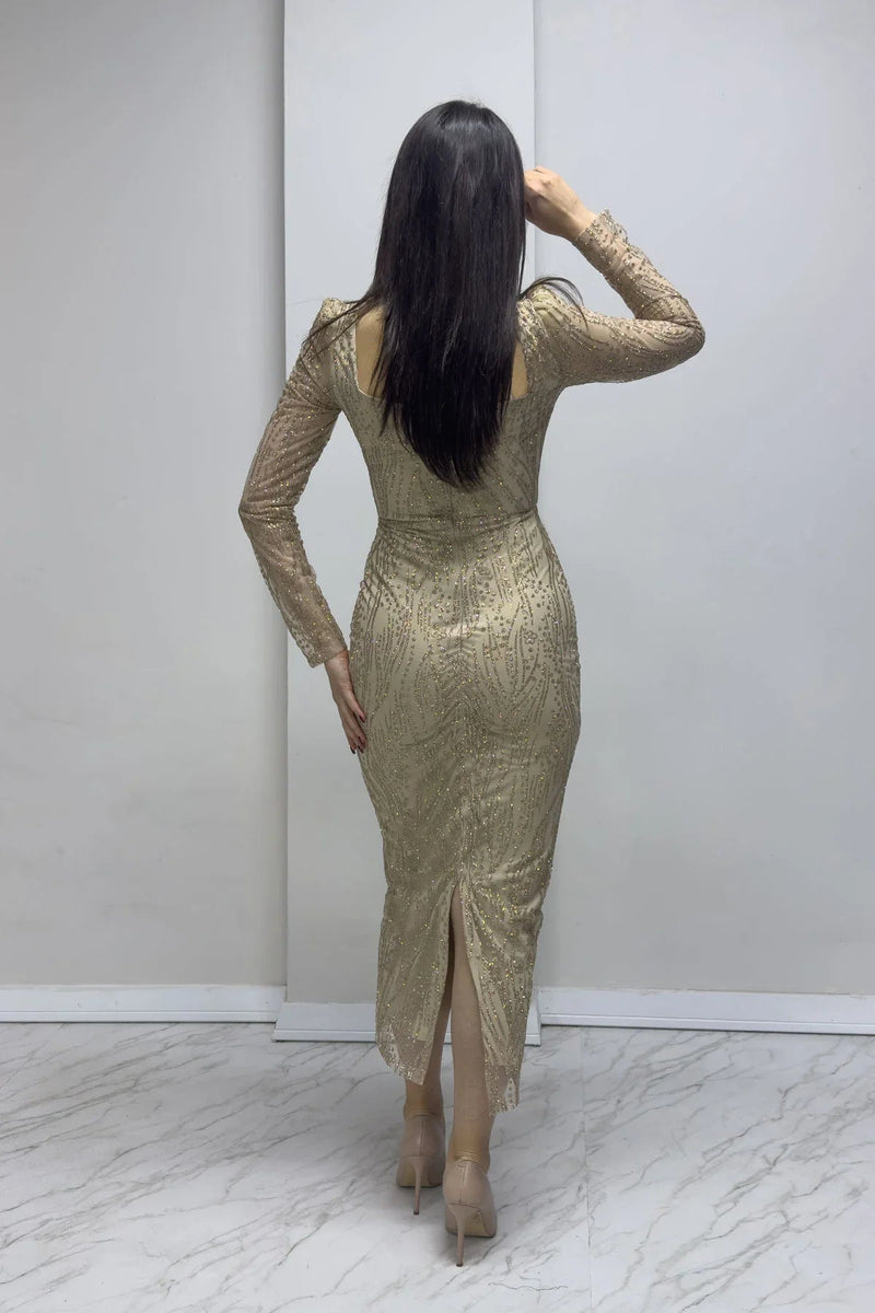 Women's Gold Square Neck Glitter Long Sleeve Midi Evening Gown