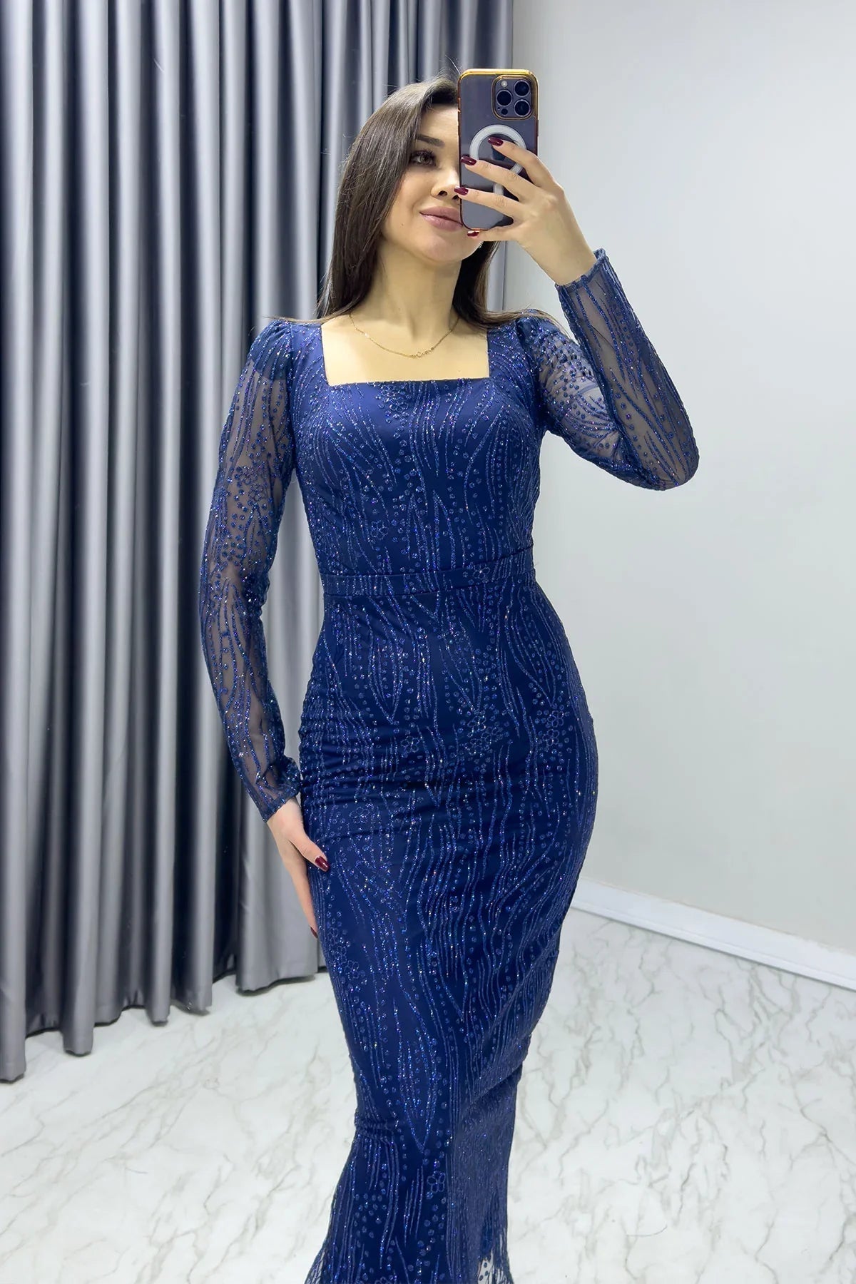 Women's Blue Square Neck Gold Glitter Long Sleeve Midi Evening Gown