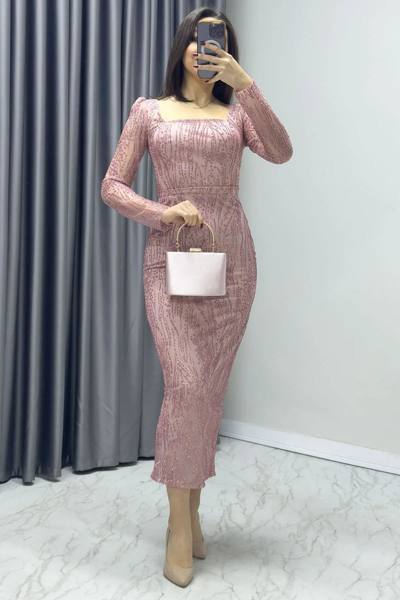 Women's Powder Pink Square Neck Gold Glitter Long Sleeve Midi Evening Gown