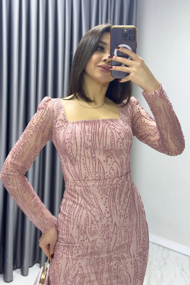 Women's Powder Pink Square Neck Gold Glitter Long Sleeve Midi Evening Gown