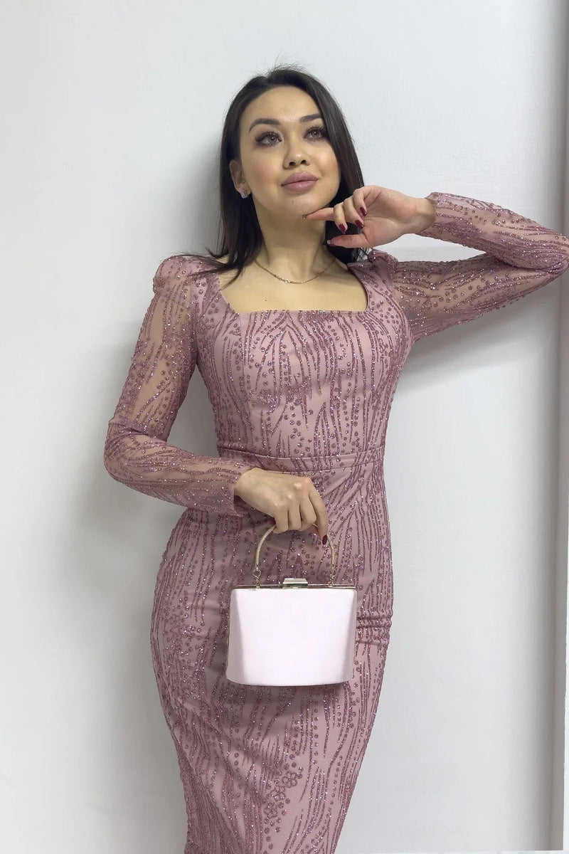 Women's Powder Pink Square Neck Gold Glitter Long Sleeve Midi Evening Gown