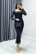 Black Square Neck Glittery Midi-Lenght Evening Dress