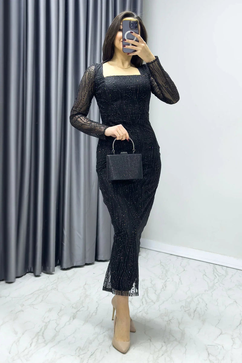 Women's Black Square Neck Gold Glitter Long Sleeve Midi Evening Gown