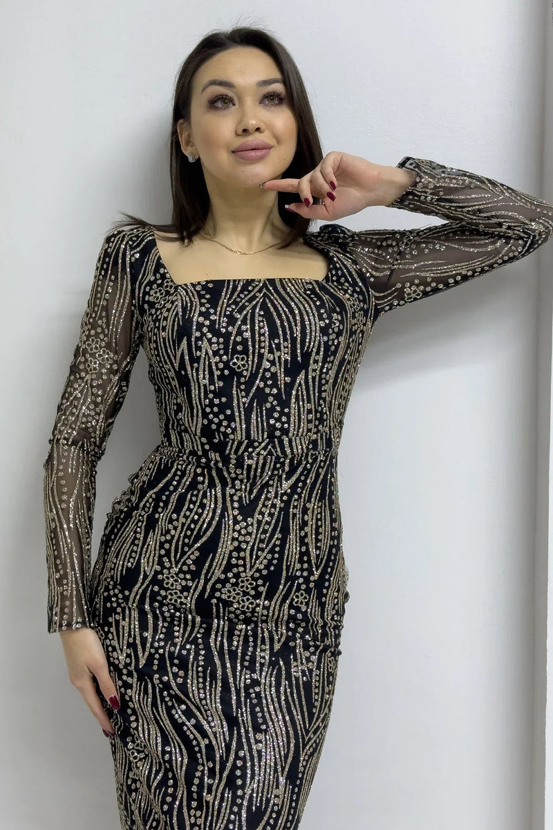 Women's Black Square Neck Gold Glitter Long Sleeve Midi Evening Gown